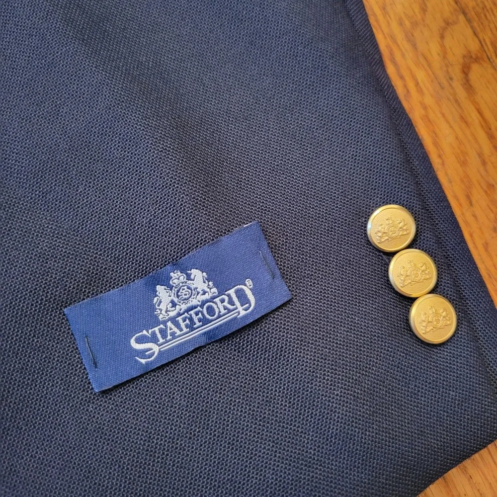 Stafford 42R Hopsack Blazer Navy Blue Gold Crest‎ Buttons NEW Nautical Preppy